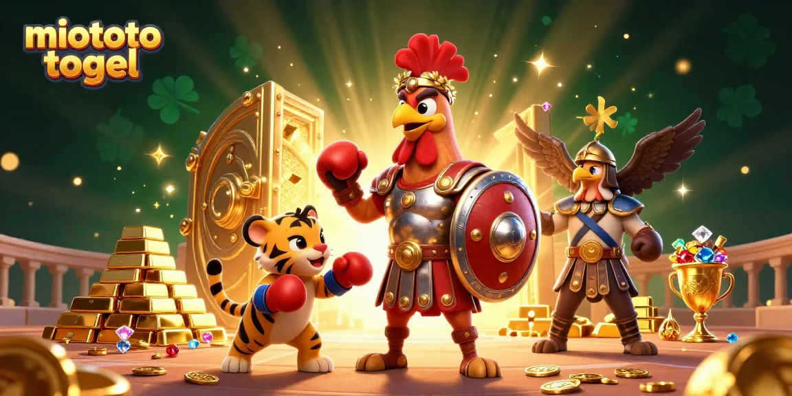 Engage with miototo togel as a gladiator rooster battles in a vibrant, treasure-filled colosseum arena.