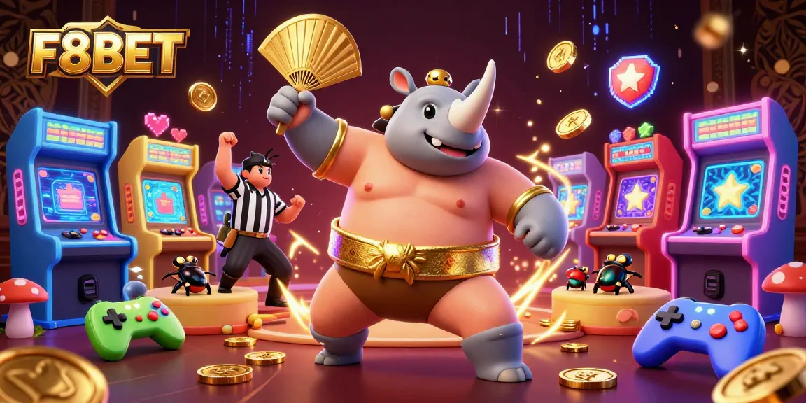 F8BET features a dynamic scene with a rhinoceros beetle sumo champion and casino elements.