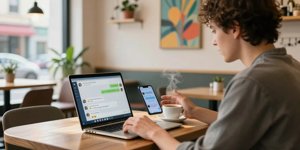 Interactive spicy chat conversation in a cozy café, showcasing digital communication.