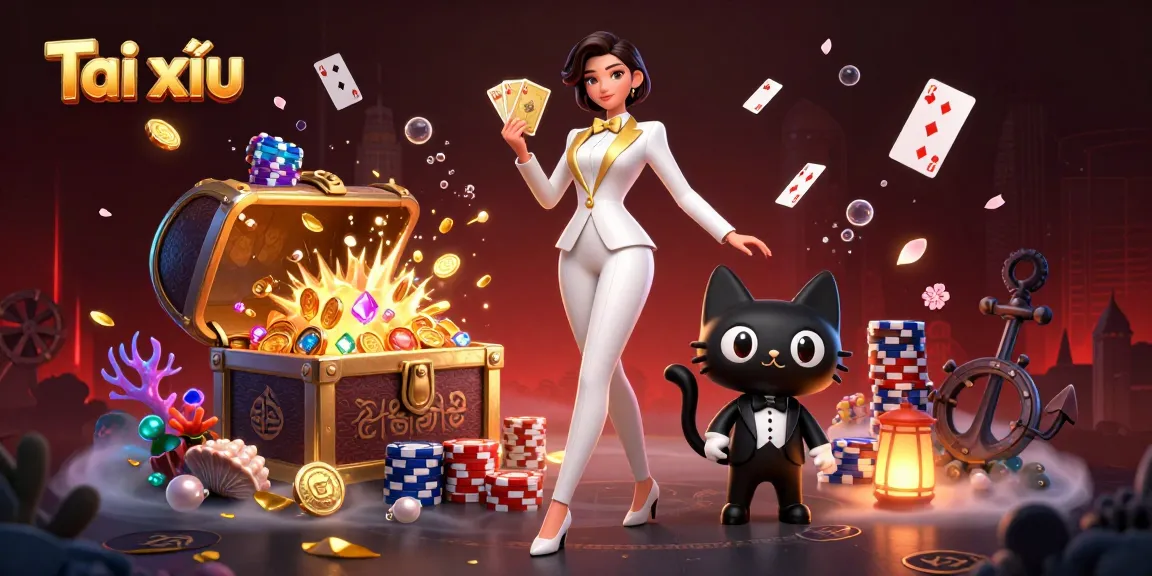 Engage in exciting Tài xỉu gameplay with a glamorous character shuffling cards amidst gold treasures.