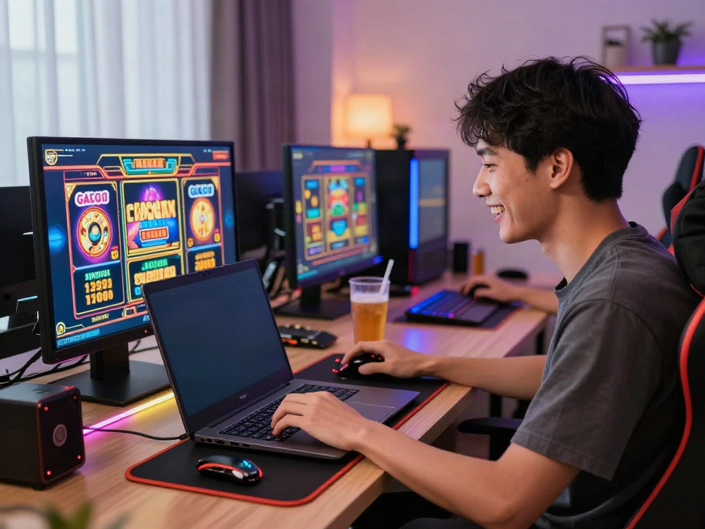 Engaging player enjoying slot gacor thailand game on a sleek laptop with vibrant visuals and modern accessories.