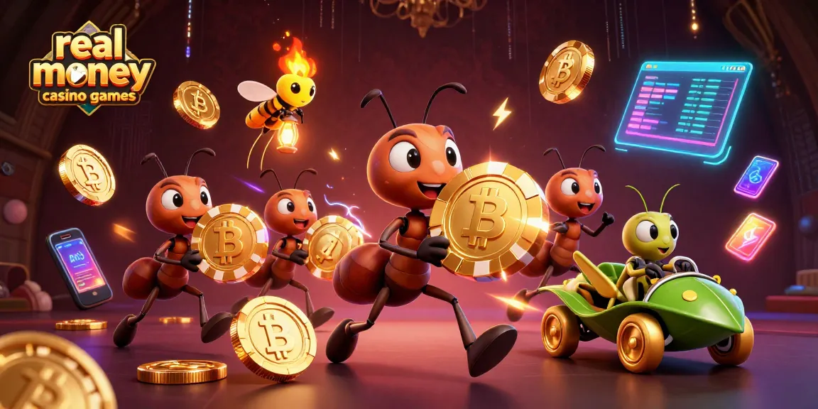 Engage in real money casino games featuring a team of animated ants in a heist with vibrant crypto elements.