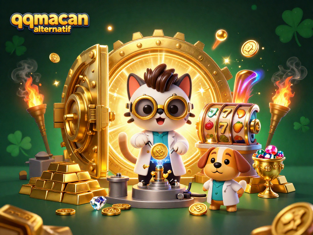 Engage in the thrilling world of qqmacan alternatif with rich gold treasure and captivating slot reels in this vibrant illustration.