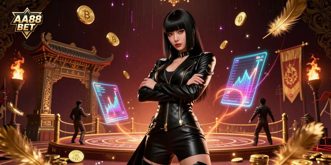 Engage with AA88 BET featuring a powerful Asian woman in a futuristic casino, surrounded by Bitcoin coins and betting tokens.