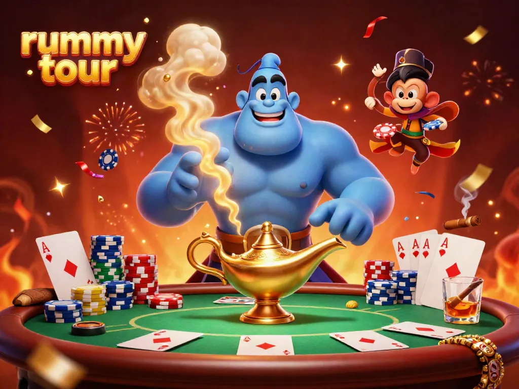 Rummy tour: karakter utama jin biru beraksi di meja judi dengan suasana kasino yang meriah.