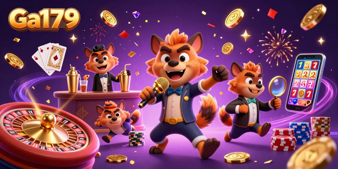 Experience thrilling gameplay with Ga179 at a vibrant casino scene featuring humorous hyenas.