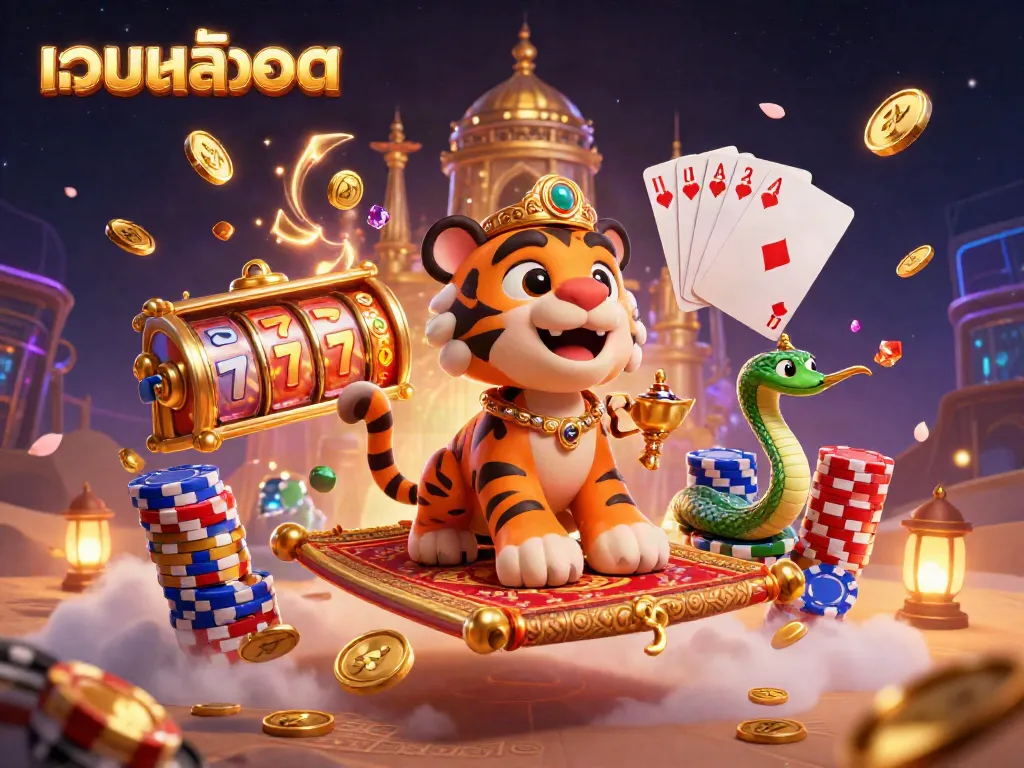 Engage with เว็บสล็อต offerings through this vibrant 3D scene, showcasing exciting casino elements.