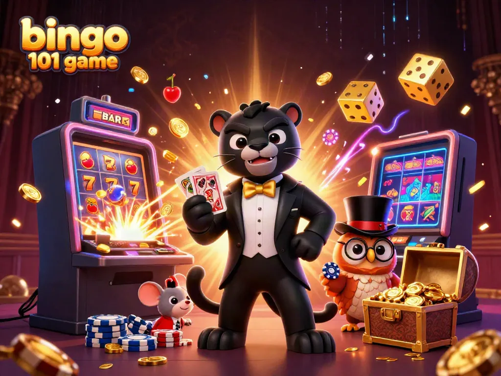 Rasakan keseruan permainan bingo 101 dengan ilustrasi tiga karakter kartun yang penuh warna.
