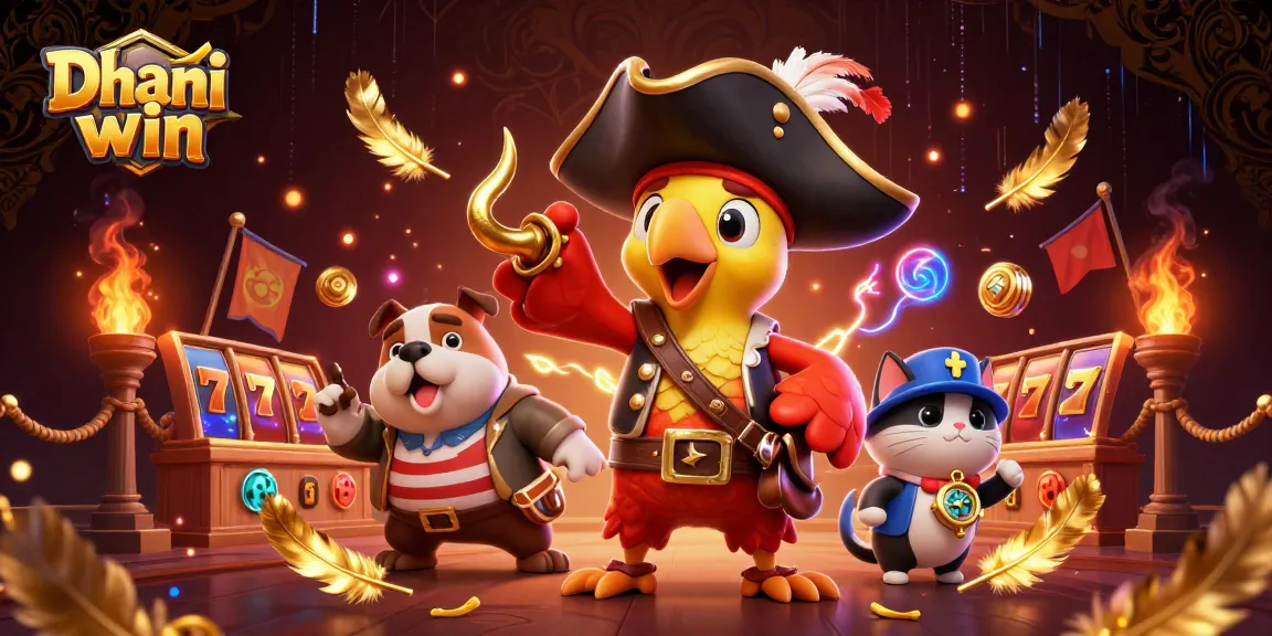 Dhani win themed illustration showcasing a pirate captain, bulldog, and cat navigating an exciting casino landscape.