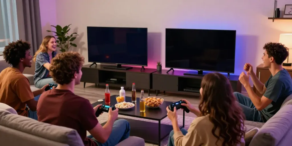 Engaging gathering of friends playing ทดลองสล็อต on a large TV with vibrant visuals and snacks.