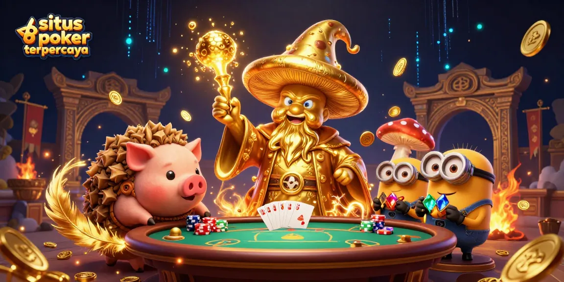Experience the excitement of situs poker terpercaya with thrilling poker action and magical elements in a detailed illustration.