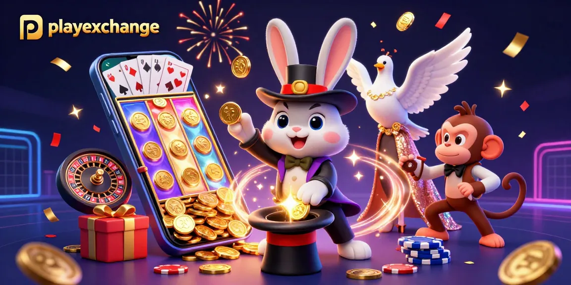Experience vibrant playexchange action with dynamic characters, casino elements, and magical sparks.