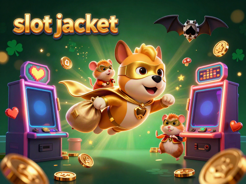 Illustration showcasing the slot jackpot theme with a superhero dog and a hamster, featuring colorful slot machines and vibrant casino elements.