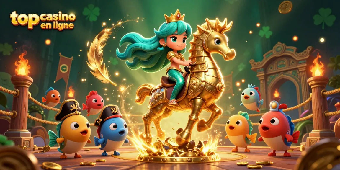 Vivez l'action des meilleurs casinos en ligne avec une vive princesse sirène 3D chevauchant un hippocampe au milieu de pièces d'or.