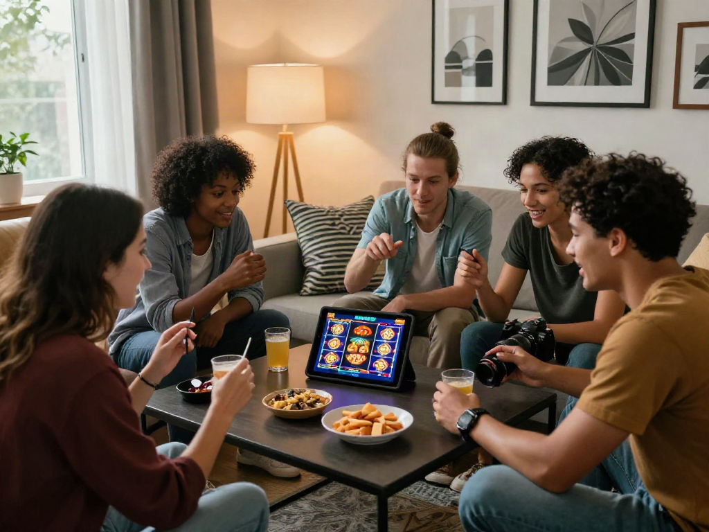 Exciting group playing slot deposit 5k game in a cozy living room setting.