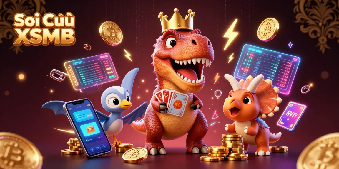 Soi Cầu XSMB showcases a playful dinosaur casino scene with vibrant neon elements and friendly characters.