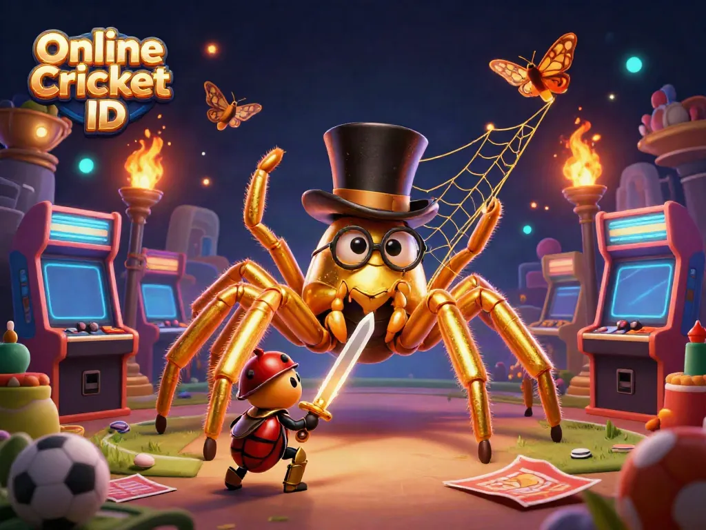Bet smart and win with a vibrant scene of Online Cricket ID featuring a golden tarantula and a brave beetle knight.