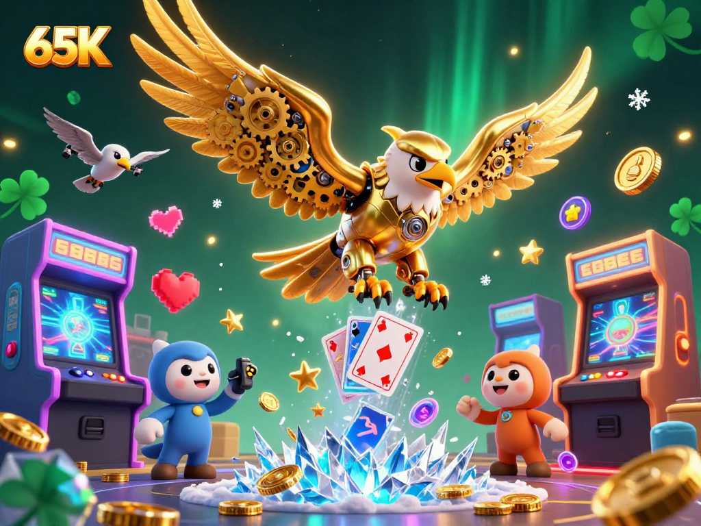Aumente suas chances no cassino 65K com uma cena dinâmica de um águia robótica mergulhando em cartas holográficas.
