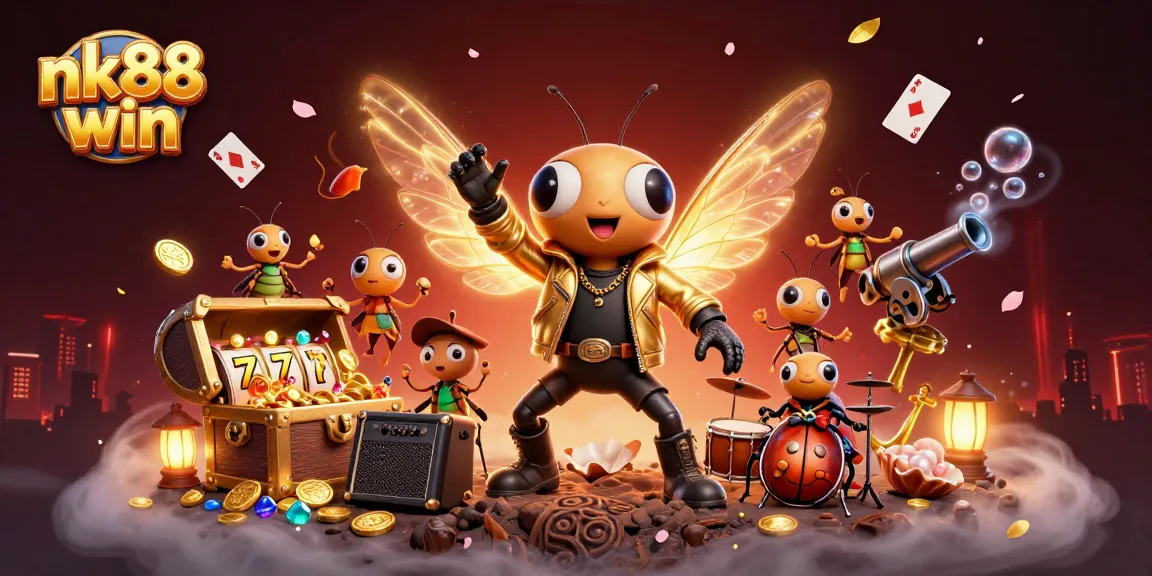 Experience nk88 win in this vibrant illustration featuring a 3D cicada rock star at a dynamic casino scene.
