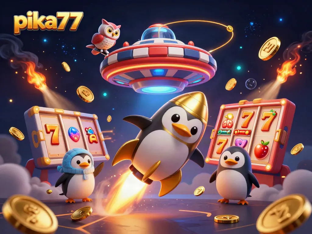 Experience thrilling slots with pika77, featuring a rocket penguin and dynamic casino elements.