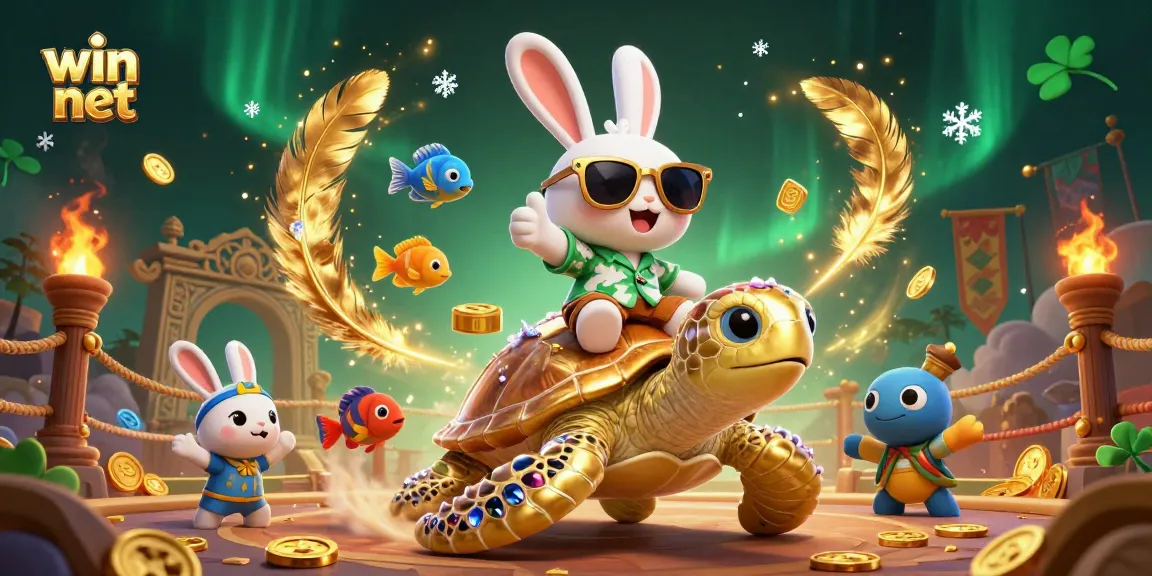 Join the fun at win net with a lucky rabbit and golden sea turtle in a vibrant casino scene.