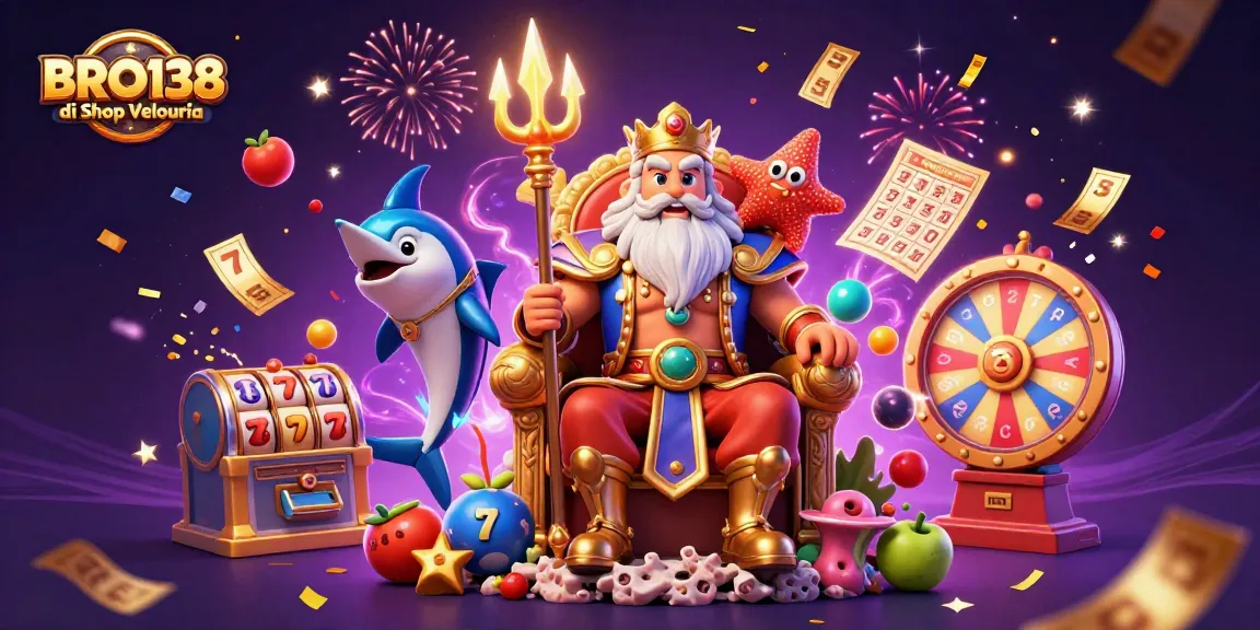 Experience gaming excitement at BRO138 di Shop Velouria with vibrant slot reels and festive casino elements.