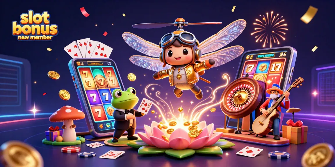 Engage with the slot bonus new member offer featuring vibrant casino elements and characters in a dynamic illustration.