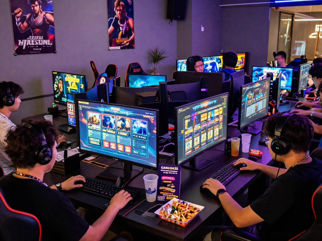 GARUDA55 gaming enthusiasts enjoying slot games in a vibrant lounge atmosphere.