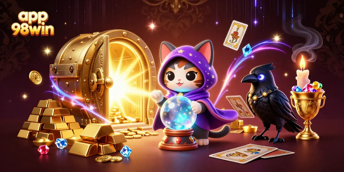 Experience the excitement of app 98win with the mystical fortune teller cat and a treasure vault of riches.