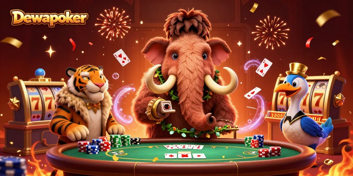 Dewapoker engages players with a vibrant poker scene featuring a mammoth bouncer and slot reels.