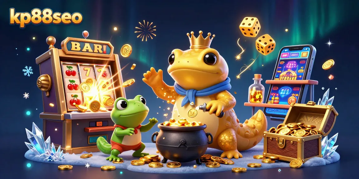 kp88seo offers exciting gameplay with a golden salamander alchemist amidst casino elements and vibrant action.