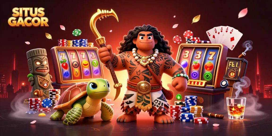 Experience SITUS GACOR with vibrant slot reels, colorful poker chips, and engaging casino characters.