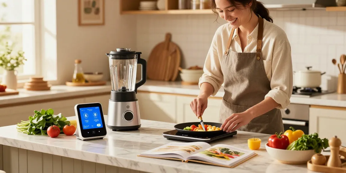 Bright kitchen scene showcasing smart kitchen gadgets like a high-tech blender, highlighting an inviting cooking atmosphere.