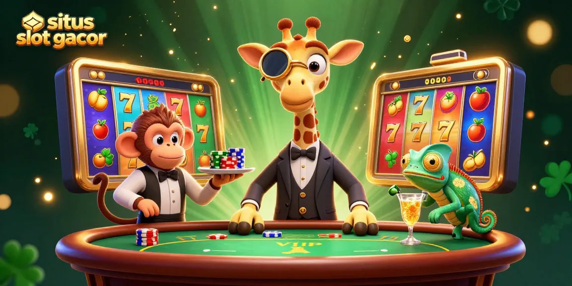 Spin and win at situs slot gacor as a high-roller giraffe enjoys a VIP experience with golden coins and jackpot reels.