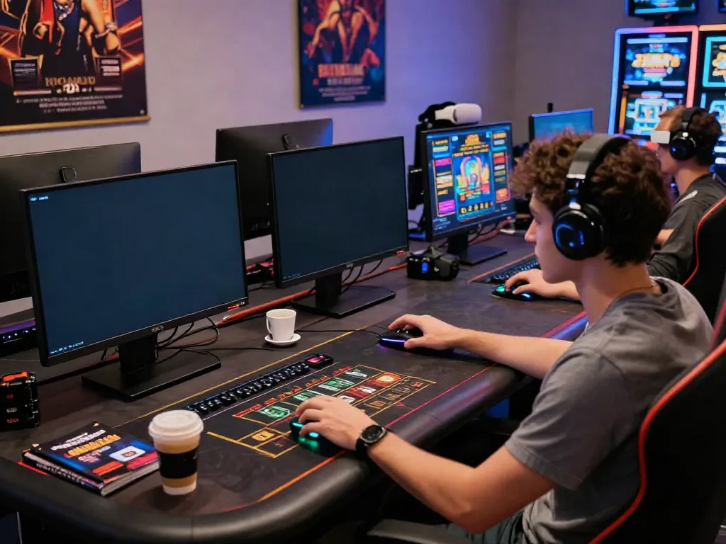Engaged gamer at a modern desk playing akunjp online casino games with multiple screens.