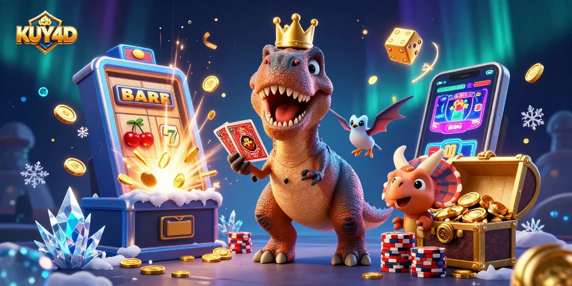 Mainkan KUY4D dengan T-Rex lucu yang menggenggam kartu sambil pterodactyl membantu dan triceratops menumpuk chip emas.