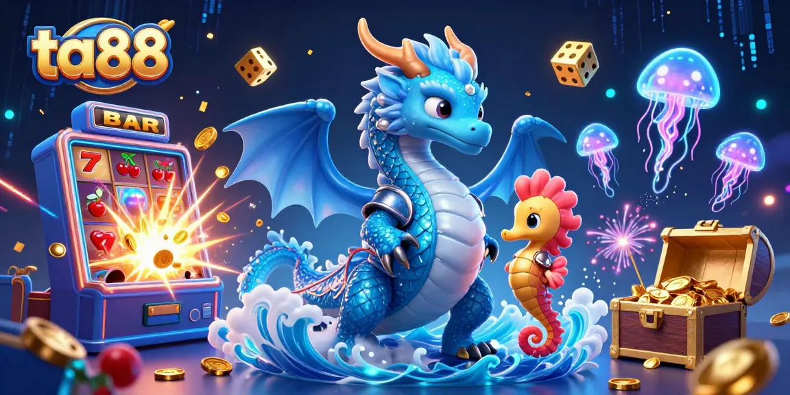 Play exciting games at ta88, featuring a vibrant 3D scene with a lucky slot machine and mystical sea creatures.