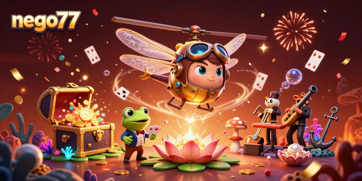 Experience the vibrant energy of nego77 with a 3D illustration capturing a lively casino scene full of action.