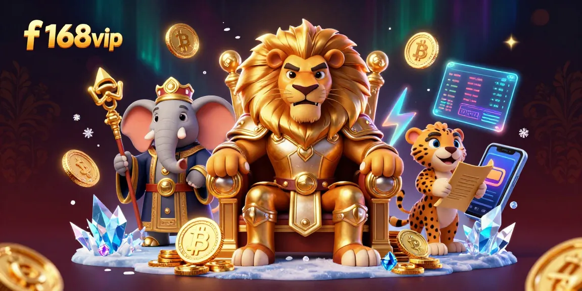 Engage with f168vip at a vibrant casino featuring a lion king, elephant advisor, and cheetah messenger.