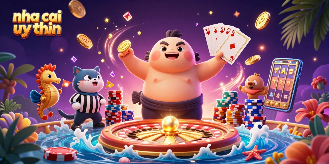 Experience the vibrant world of nha cai uy tin with energetic characters, spinning roulette, and sparkling coins!