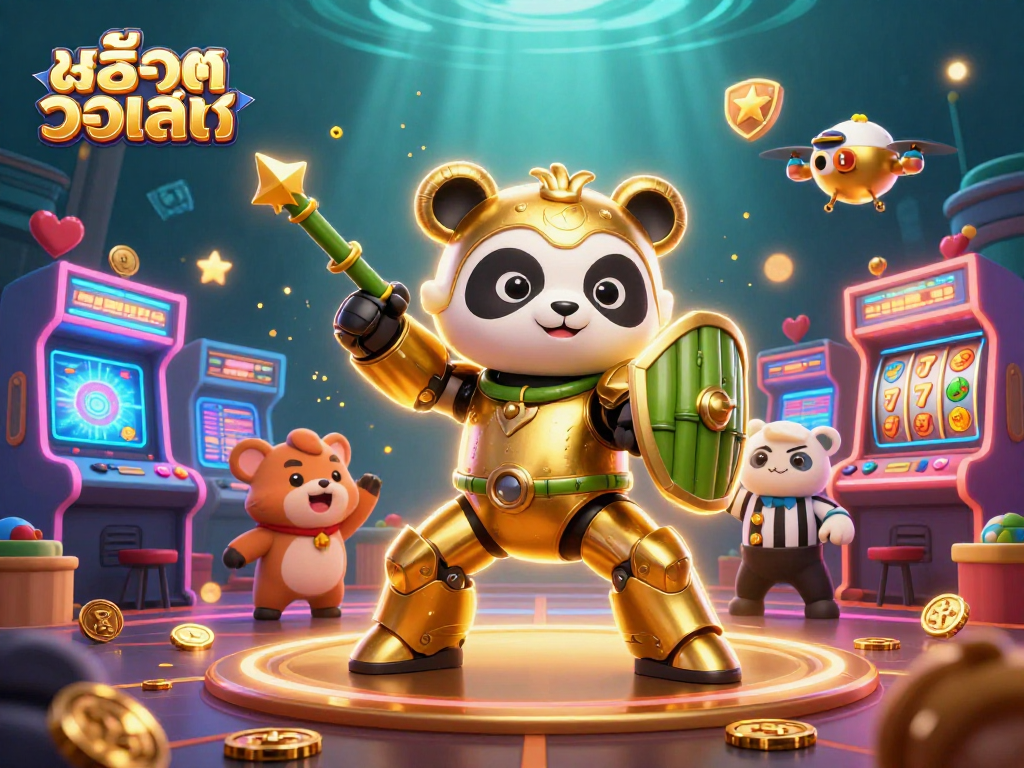 Engage and win with สล็อตวอเลท as the mech-suit golden panda battles through a vibrant casino arena!