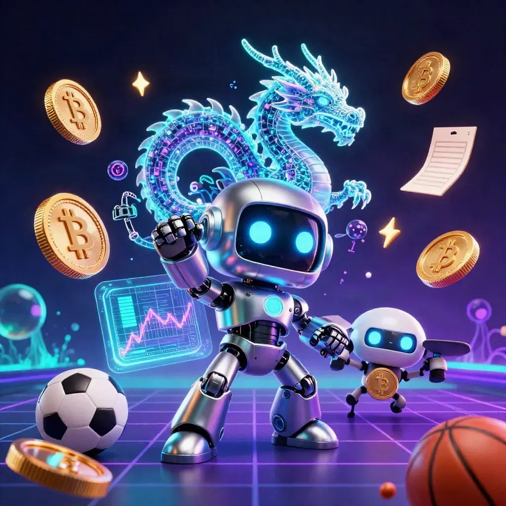 Cyberpunk robot, particle dragon, drone, coins, sports props, neon casino glow