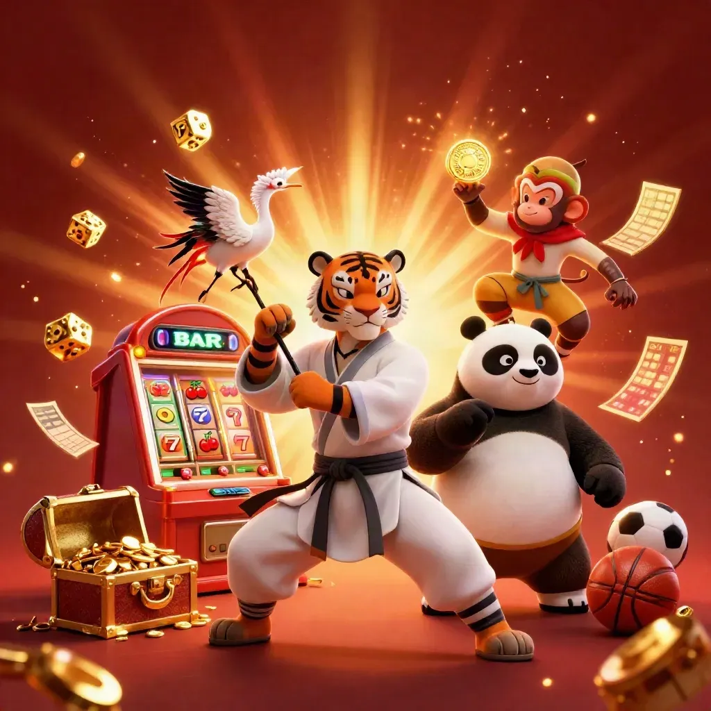 Kung-fu tiger, panda, and monkey burst from a slot machine with gold casino glow.