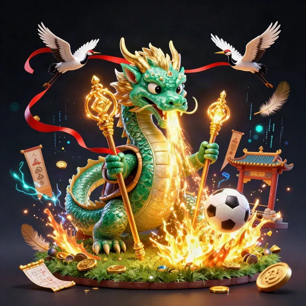Dragon, turtle sage, and cranes burst around a flying soccer ball in a neon casino fantasy scene.