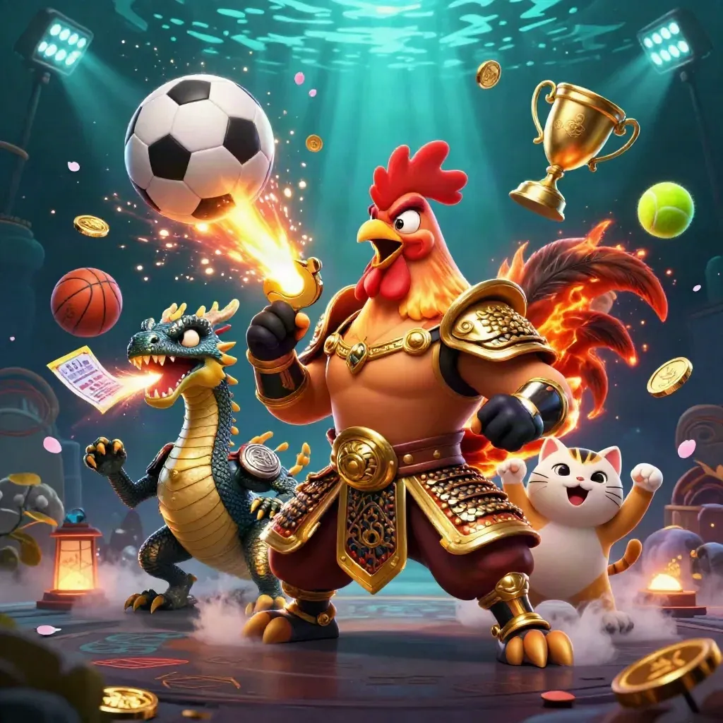 Ground-level casino key art: rooster warrior, dragon hatchling and fortune-cat amid flying sports gear.