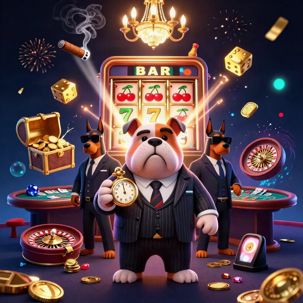Bulldog casino boss with Dobermans amid jackpot slot, glowing dice, and luxury casino chaos