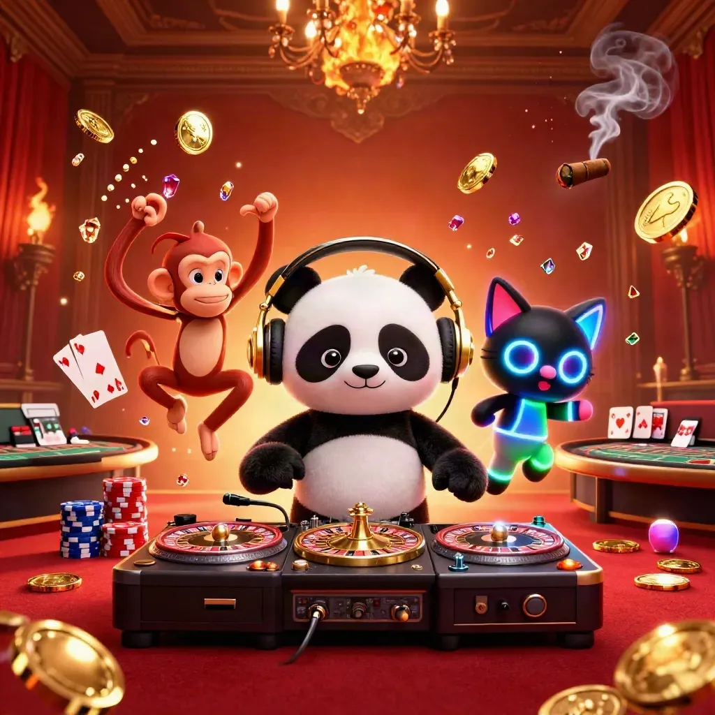 DJ panda, breakdancing monkey, and glow-stick kitten in a casino light burst