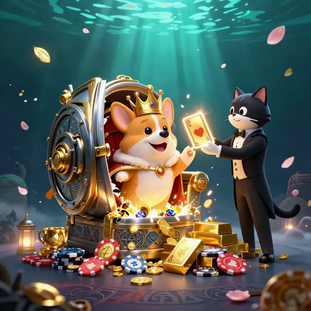 Crowned corgi and cat butler burst open a glowing vault amid gold, gems and underwater light.