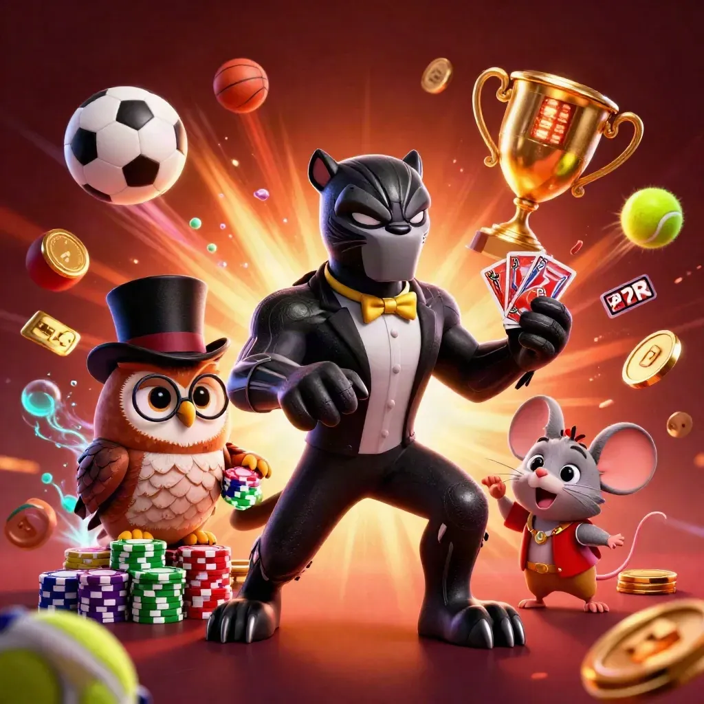 Panther dealer, owl chip master, and mouse mascot amid sports balls, coins, and casino glow