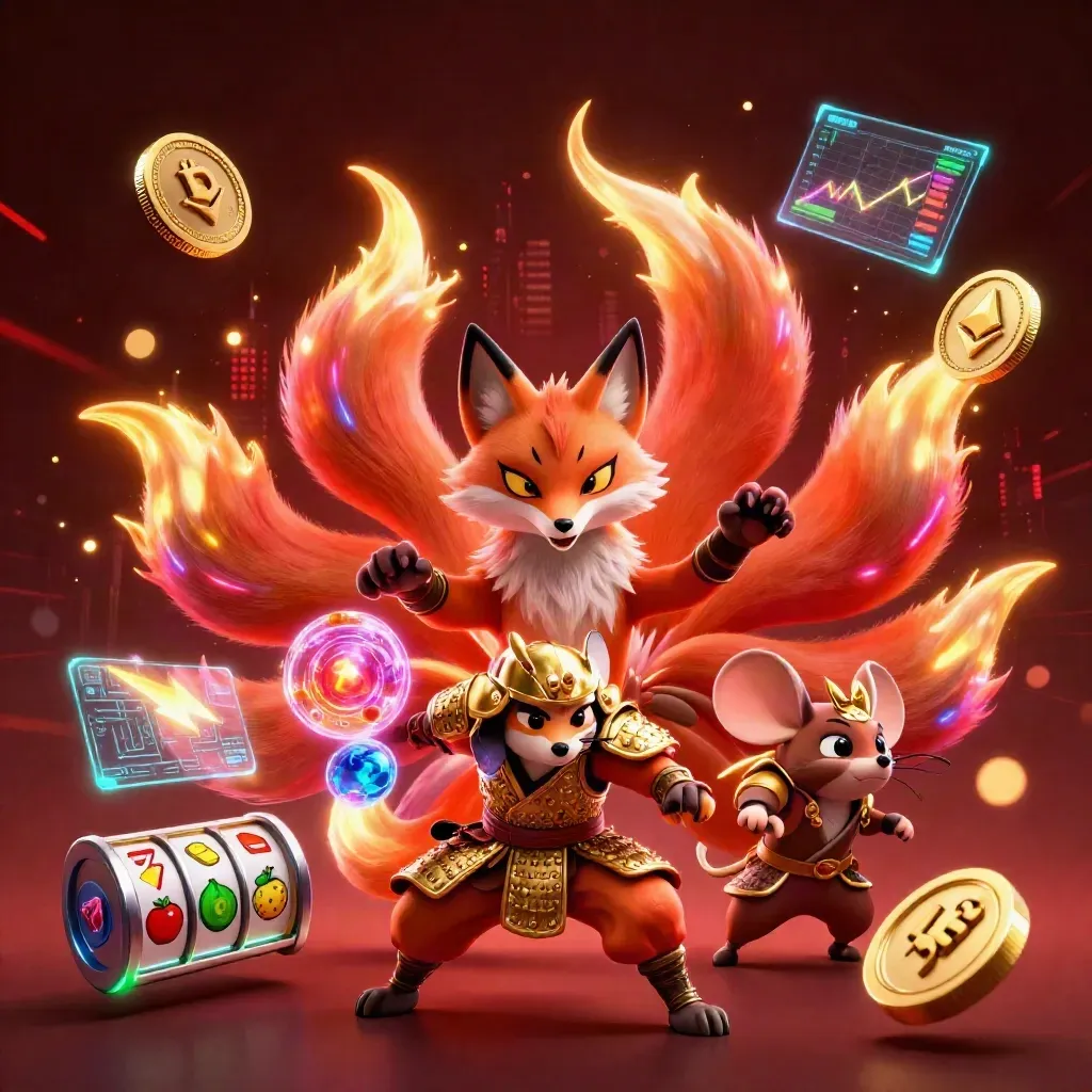 Nine-tailed fox spirit and armored samurai mouse amid glowing coins, lightning, and casino effects